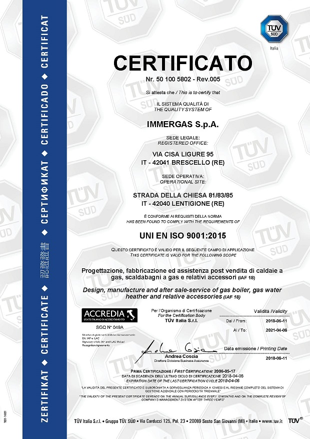 Immergas: qualità certificata ISO 9001:2015